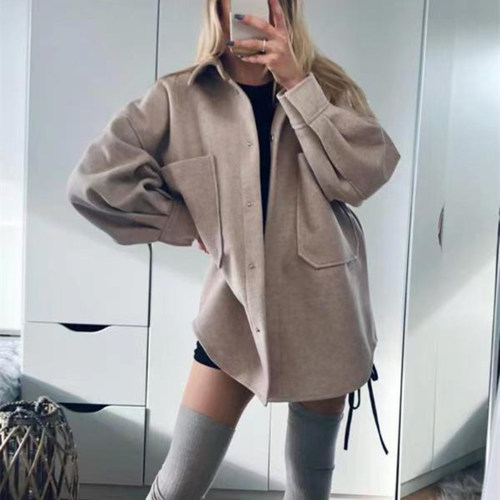 PUWD Casual Woman Camel Loose Pocket Woolen Shirt 2022 Fashi