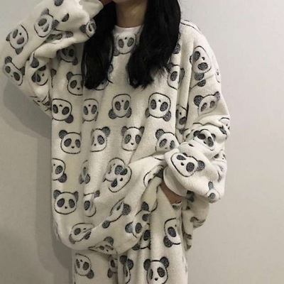 Women Print  Warm Flannel Women Pyjamas Sets Thin Coral Velv