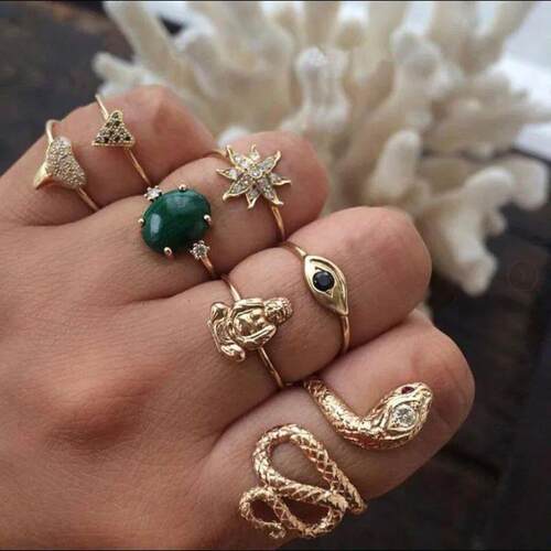 Bohemia Green Stone Finger Ring Set For Women Geometric Moon