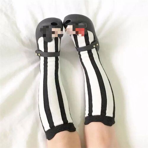 Childrens black and white striped socks cotton knee socks f