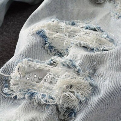 Men Crystal Holes Ripped Patchwork Jeans Sreetwear Light Blu