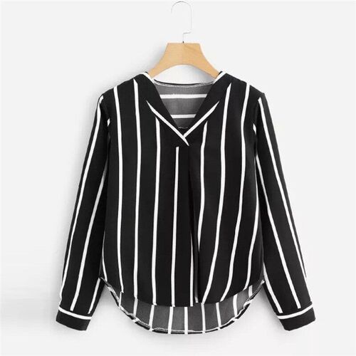 Autumn Long Sleeve V Neck Irregular Stripe Shirt Women Casua