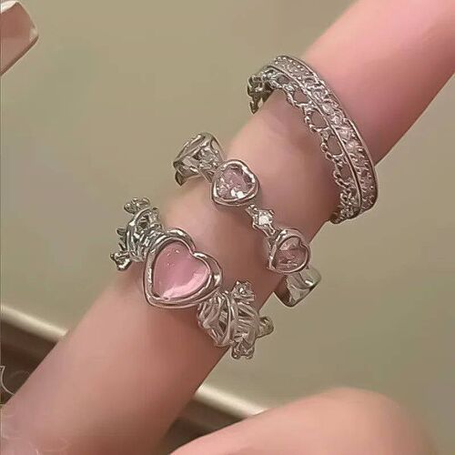 New YK Pink Crystal Irregular Heart Rings for Women Kpop