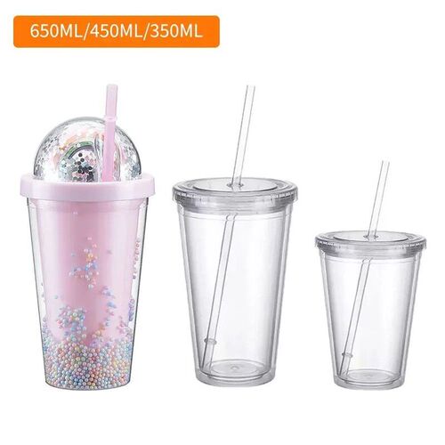 Clear Tumbler with Straw Reusable Transparent Double-layer W