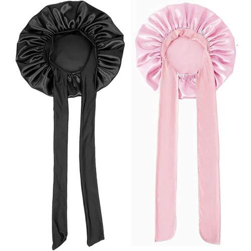 2PCS Satin Bonnets With Tie Band (Pink+Black), Sleeping Cap