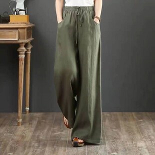 Women High Waist Casual Wide Leg Pants Cotton Linen Trouser