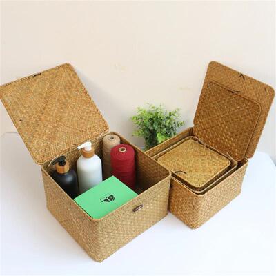Set of 4 Seagrass Basket with Lid Wicker Storage Basket Deco