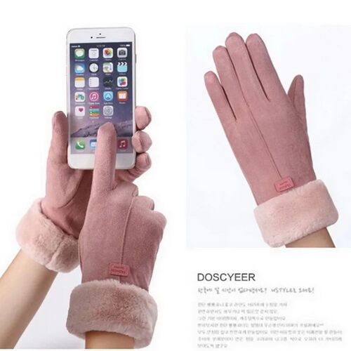 Winter Female Cashmere Warm Suede Leather Cycling Mittens Do