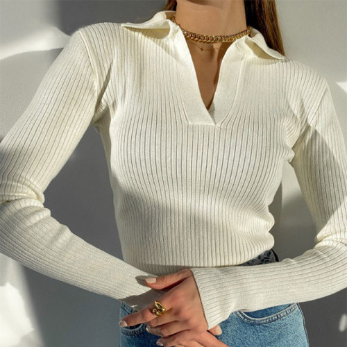 Casual Knitted Sweater Pullover Basic V Neck Long Sleeve Sli