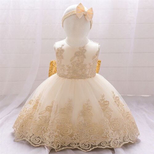 European Embroidery Net Tutu Dress with Bow for Babys 1st Bi