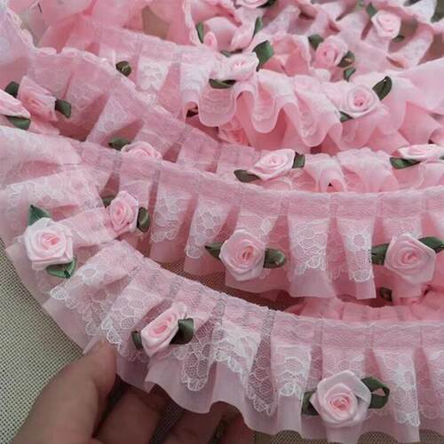 1Yard Pink White Blue Purple Lace Fabric Craft 3D Flower Tri