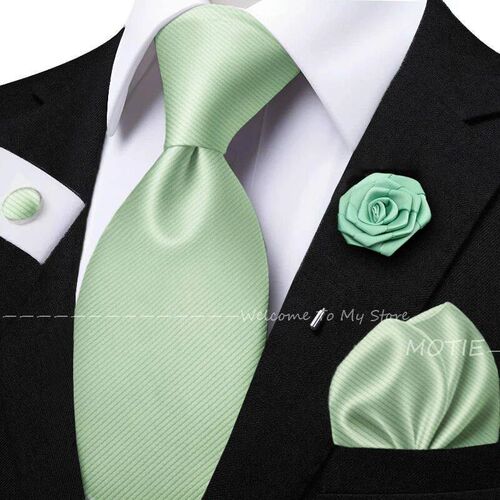 Mens Solid Color Tie Set For Sage Green Pocket Square Flowe