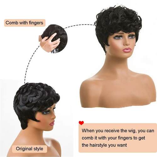 Black Short Pixie Wigs for Women Curly Natural Wavy Syntheti