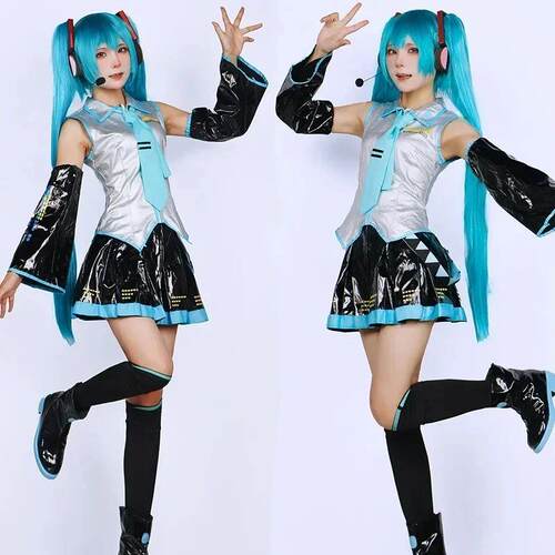 Miku Cosplay Ensemble Complet En Cuir Argent Tissu Costume
