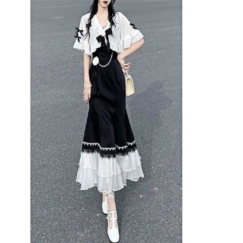 French Vintage Fairy Dress Women Lace Korean 2 Piece  Dress