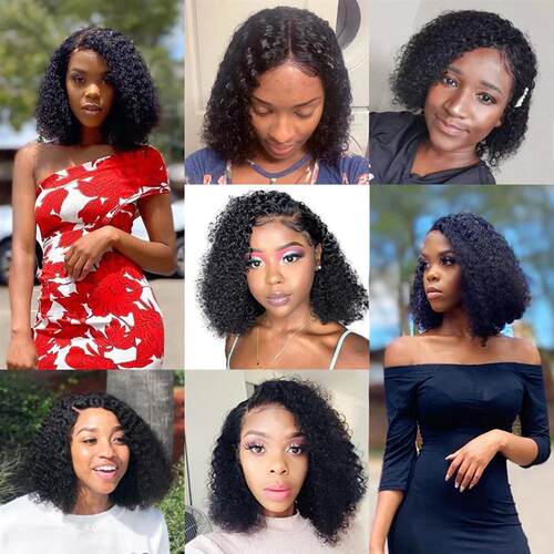Short 8 to 16 Inch Kinky Curly Bob Human Hair Wig Pre Plucke