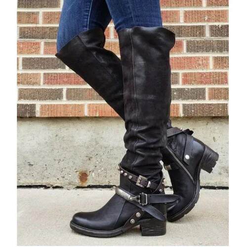 Women Winter Leather Punk style knee boots Vintage stud zip