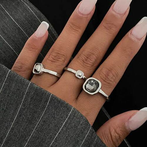 New Grey Crystal Geometric Ring Women Minimalist Design Silv