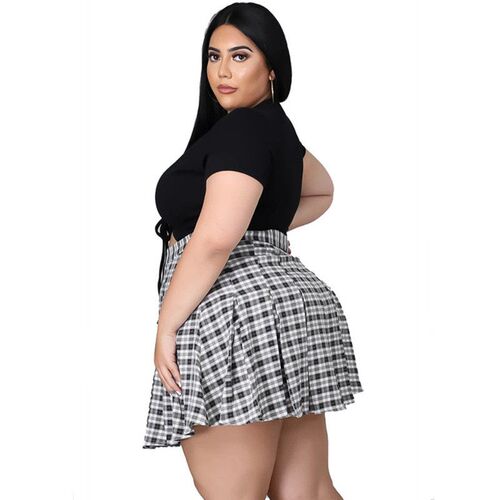 Plus Size Sets Skirts Women Fashion Lace Up Crop Top Mini Pl