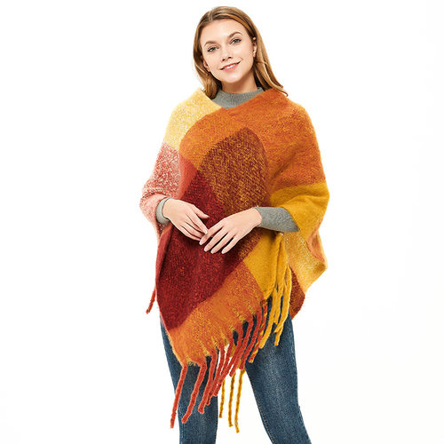 Womens Cape Cape thick tassel ring yarn big check European