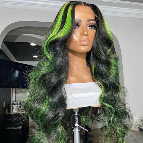 Highlight Green Lace Front Human Hair Wigs 38 Inch Ombre Col