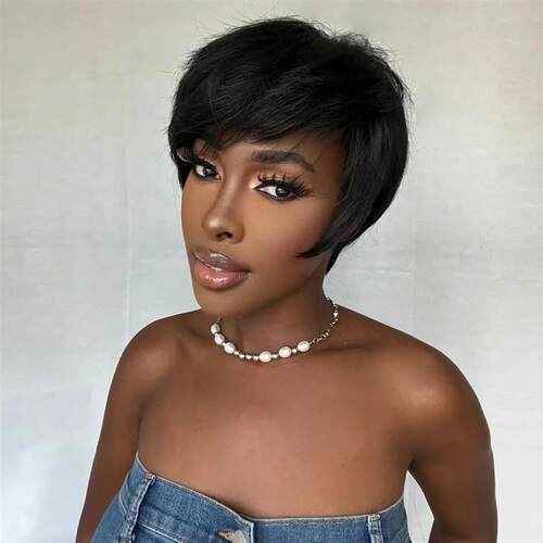 Synthetic Straight Black Wig Short Pixie Cut Wig with Side B