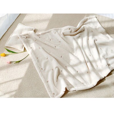 Korean Bear Olive Embroidery Baby Blanket Throws Coral Fleec