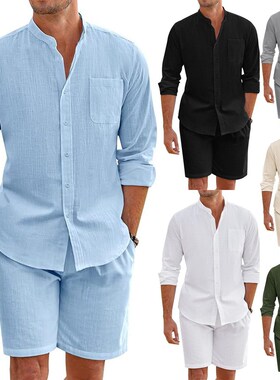 Cotton Linen Long Sleeve Shirt + Shorts Summer Men Two-Piece