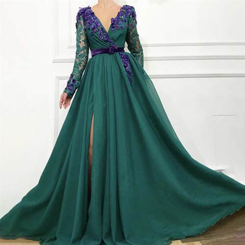 V-neck Handmade Purple Flowers Prom Dress Long Sleeves Front