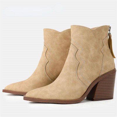 New Design Fringe Zipper Boots Women Pointed Toe Heel Ankle
