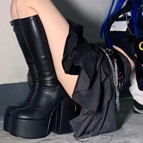 mainoov Women Boots High Heels Chunky Platform Black Big Siz