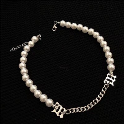 Kpop M Letter Chain Stitching Pearl Necklace Men Women Tide