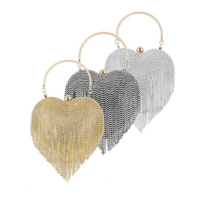 Rhinestone Evening Bag Heart Pattern Silver Clutch Womens Fa