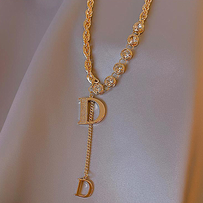 Design Sense Micro Setting Zircon D Letter Pendant Long Neck
