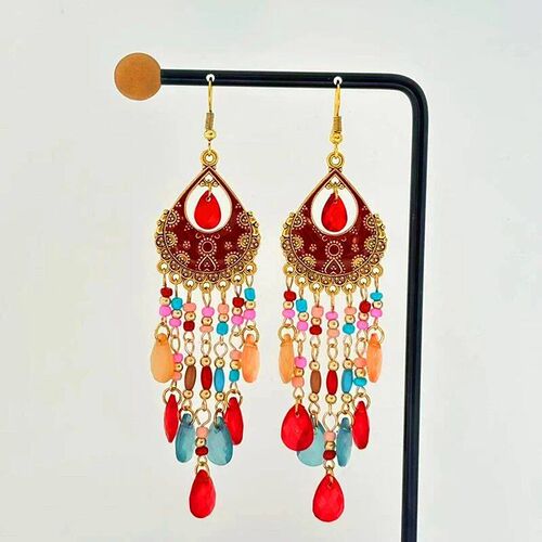Bohemian Long Colorful Tassel Beads Water Drop Dangle Earrin