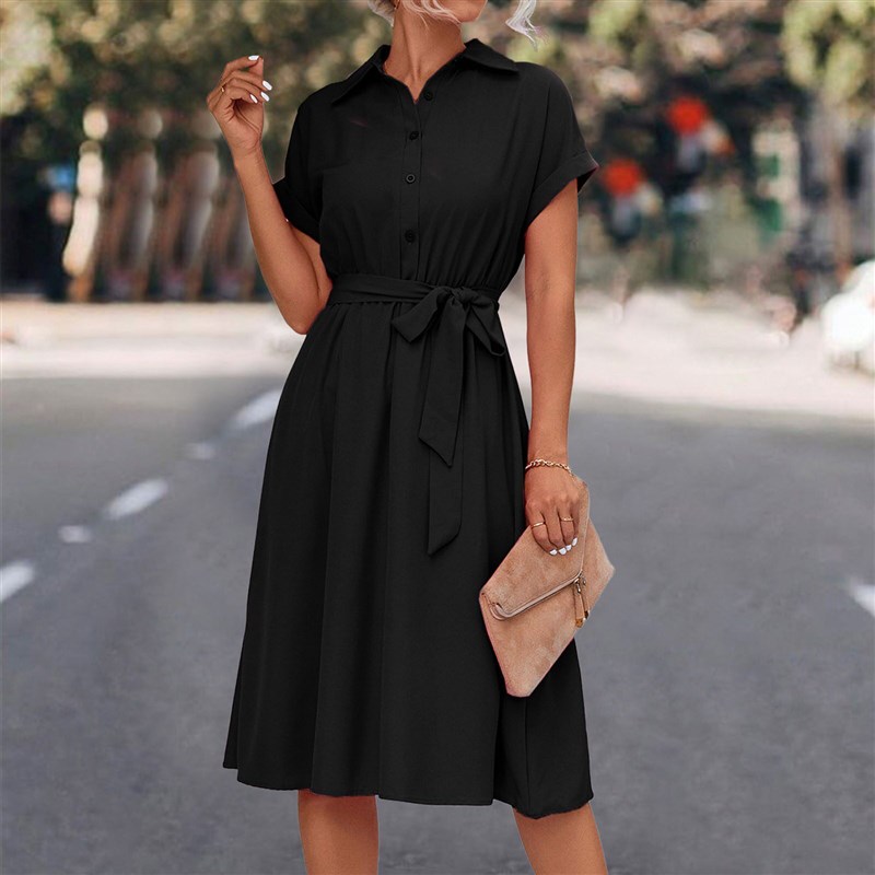 Women Dresses Summer 2023 Fashion Lapel Neck Solid Color But图片