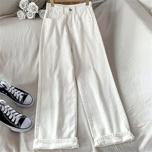 Classic Basic Black White Denim Trousers Simple High Waist P