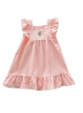 French Rose Embroidered Girls Dress Summer New Square Colla