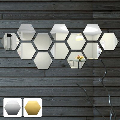 48pcs Hexagon Mirror Wall Stickers DIY Art Wall Decoration L