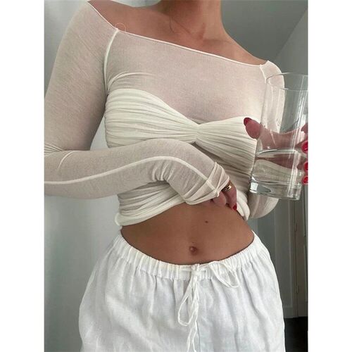 Tossy Mesh Sheer Off-Shoulder Top Shirt For Women New Long S