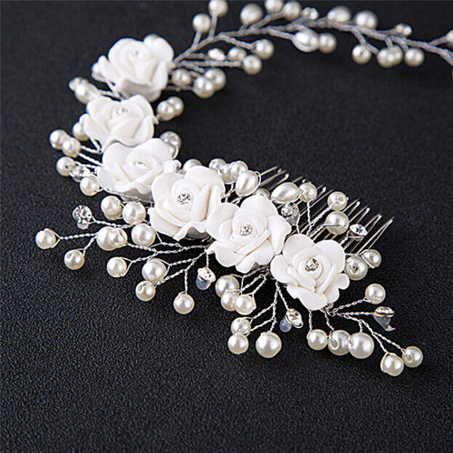 White Flower Pearls Hair Combs Handmade Austrian Crystal Wed