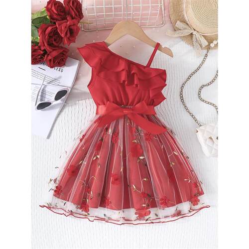 Dress For Kids 2-7 Years old Birthday Ruffled Embroidered Sl