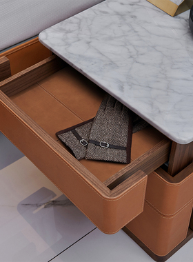 JNLEZI 意式极简大理石床头柜橙色马鞍皮Fidelio胡桃木实木床边柜