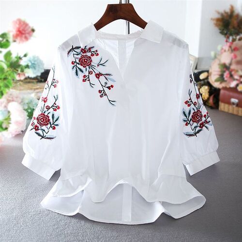 New White Women Blouse Three Quarter Sleeve Cotton Embroider