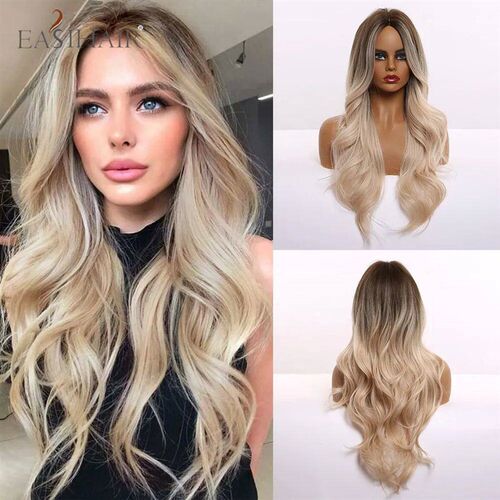 EASIHAIR Ombre Brown Light Blonde Platinum Long Wavy Middle