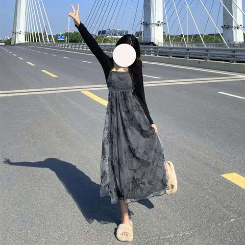 Womens Clothes Set Embroidered Mesh Black Grey Sling Dress