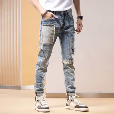 Stitched Jeans Ripped Mens tendy Stetch Slim-Fit Embroidere