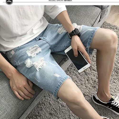 Denim Shorts Mens Five-point Pants Ripped tendy Cool Slim-f
