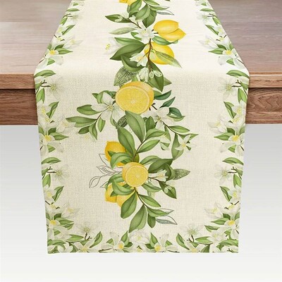 Spring Summer Lemon Flower Leaves Linen Table Runner Dresser