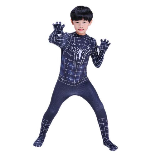 Kostum masker Spiderman hitam 3D anak laki-laki, kostum span